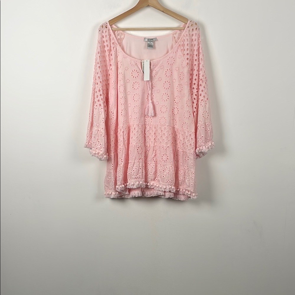 LaSeine Pink Eyelet Pom Pom Tassel Tie Boho Wide Sleeve Women's XL Tunic Top